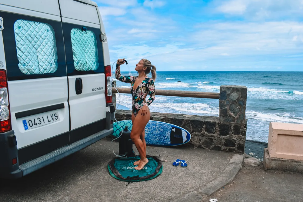 Using our surfing shower after a surf session